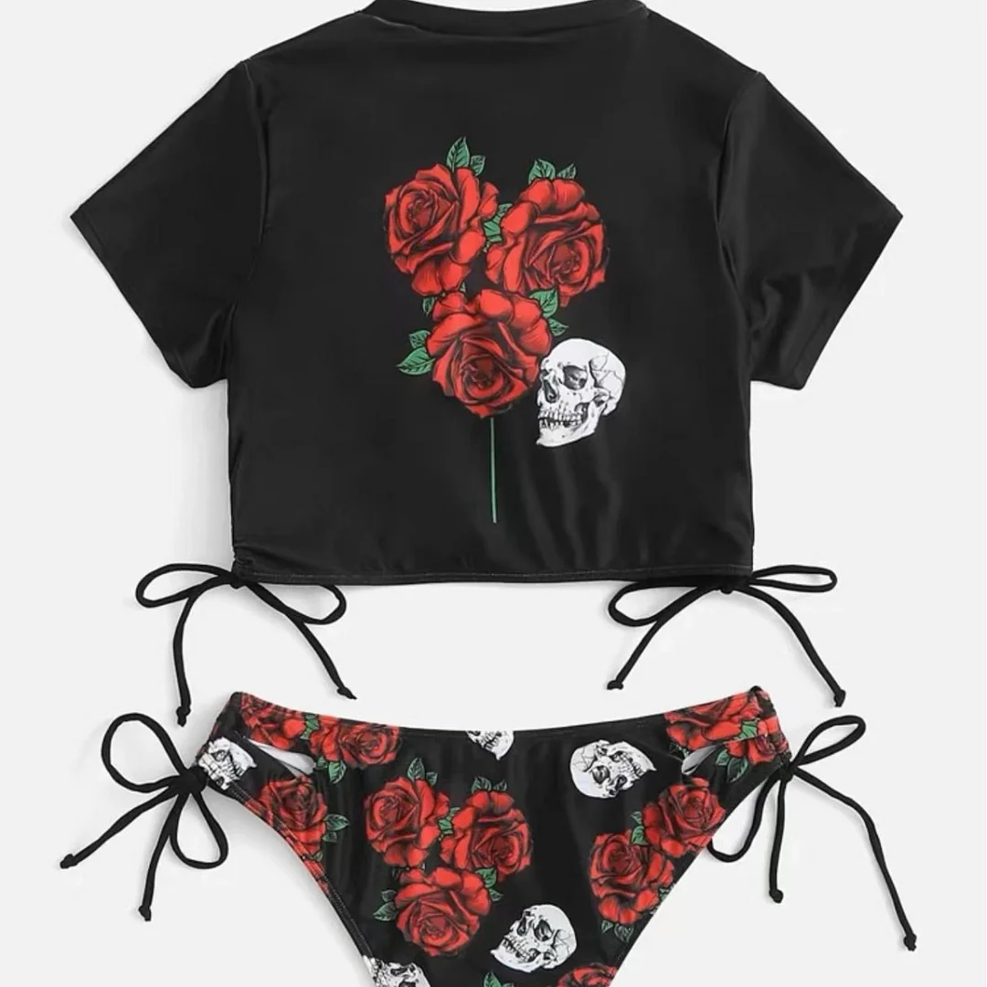 Uveng 2022 New Set Board Single Rose Print Rope Split Bikini Bikini