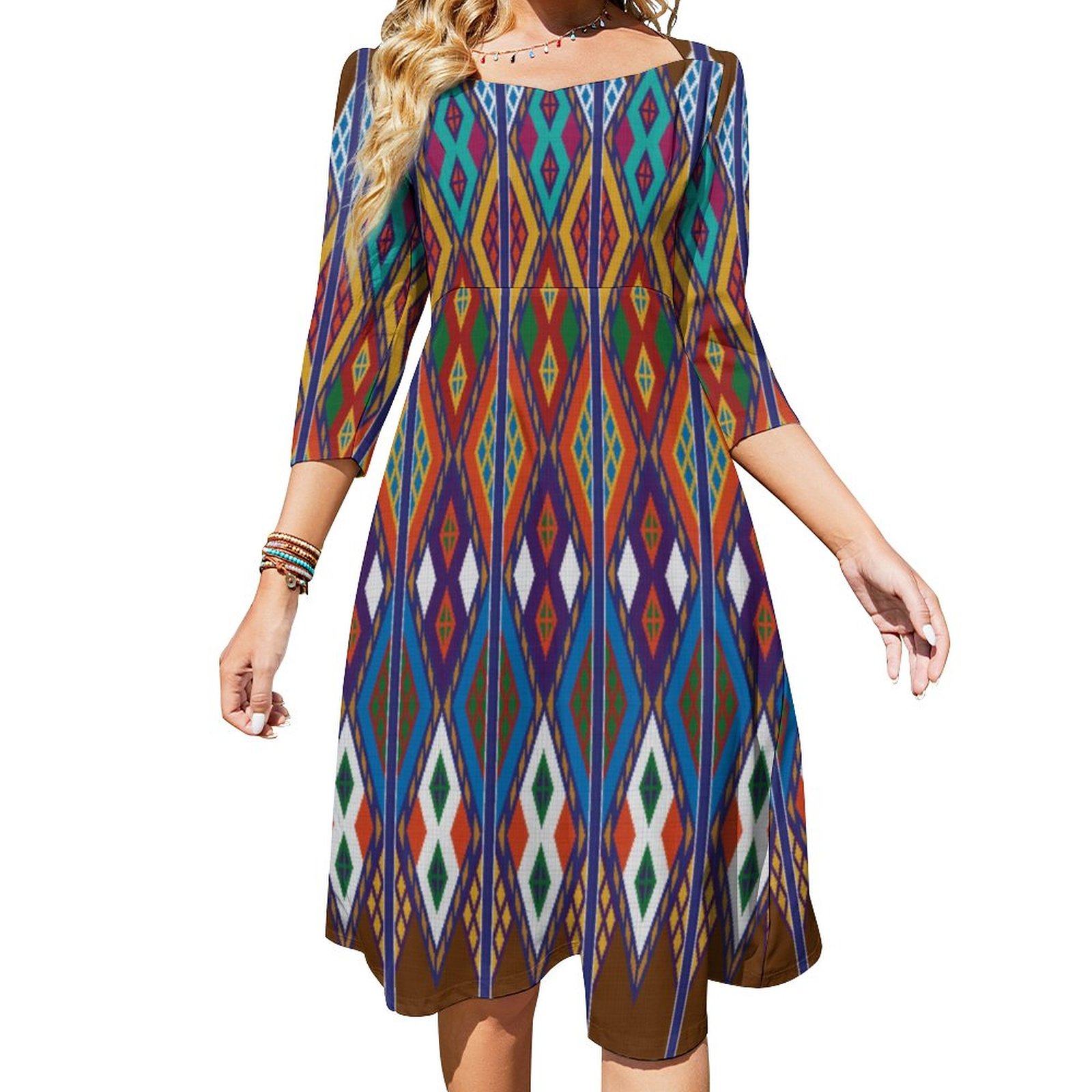 Ethiopian Ethnic Pattern Tilet Dress Sweetheart Tie Back Flared 3/4 Sleeve Midi Dresses