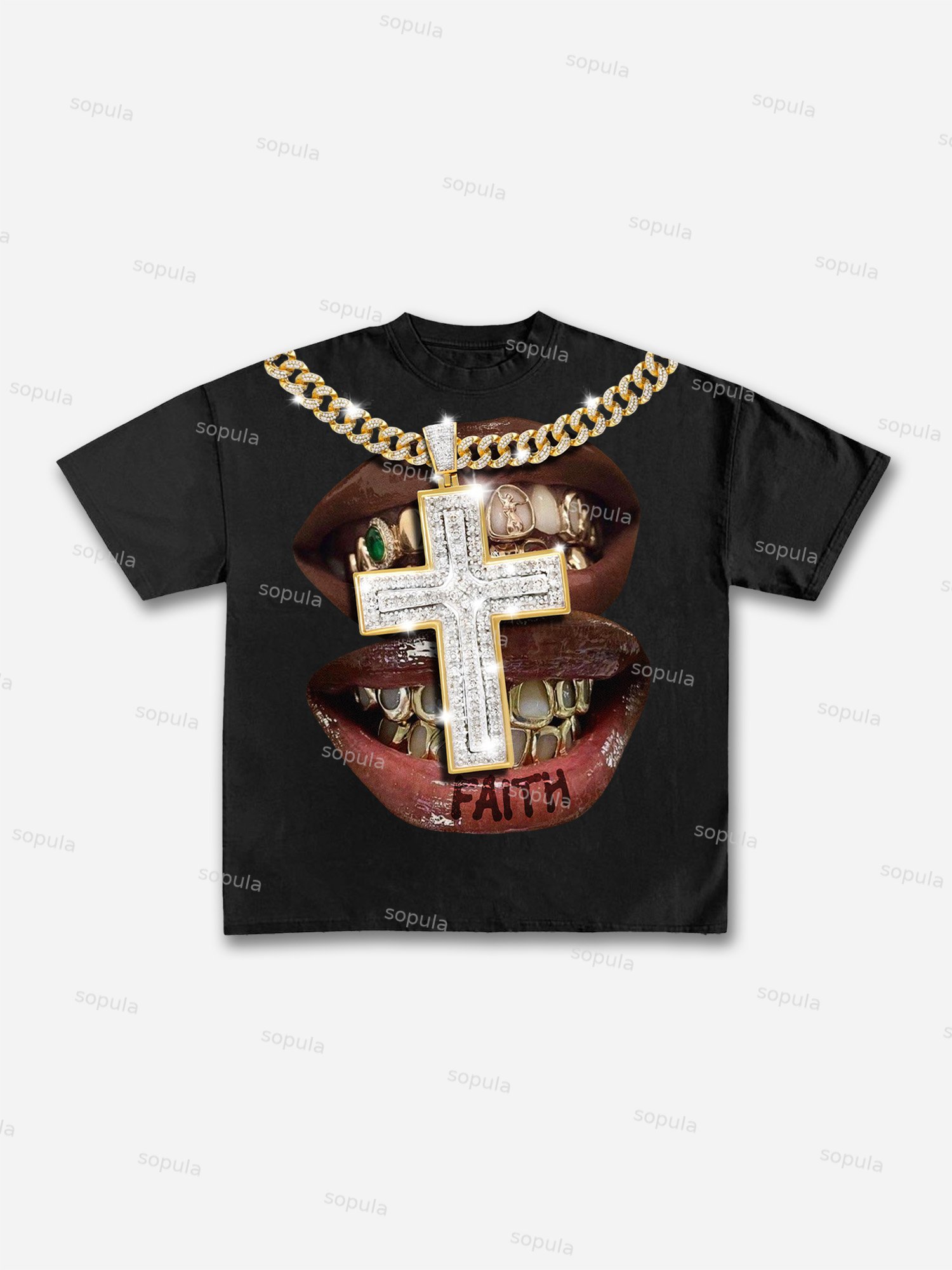 Faith Cross Diamond Necklace Lips Graphic Cotton T-shirt - Sopula｜Premium Graphic Tees & Graphic Clothing