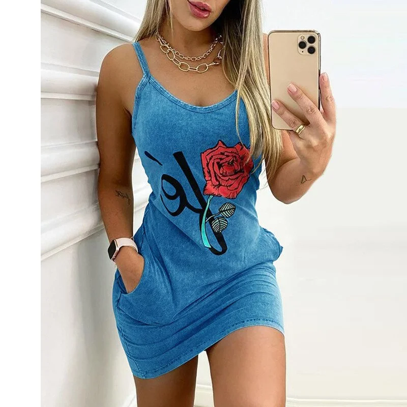 Summer New Spaghetti Straps O Neck Women's Sleevele Mini Dress 2021 Casual Plus Size Bodycon Pocket Rose Print Lady Dress Basic