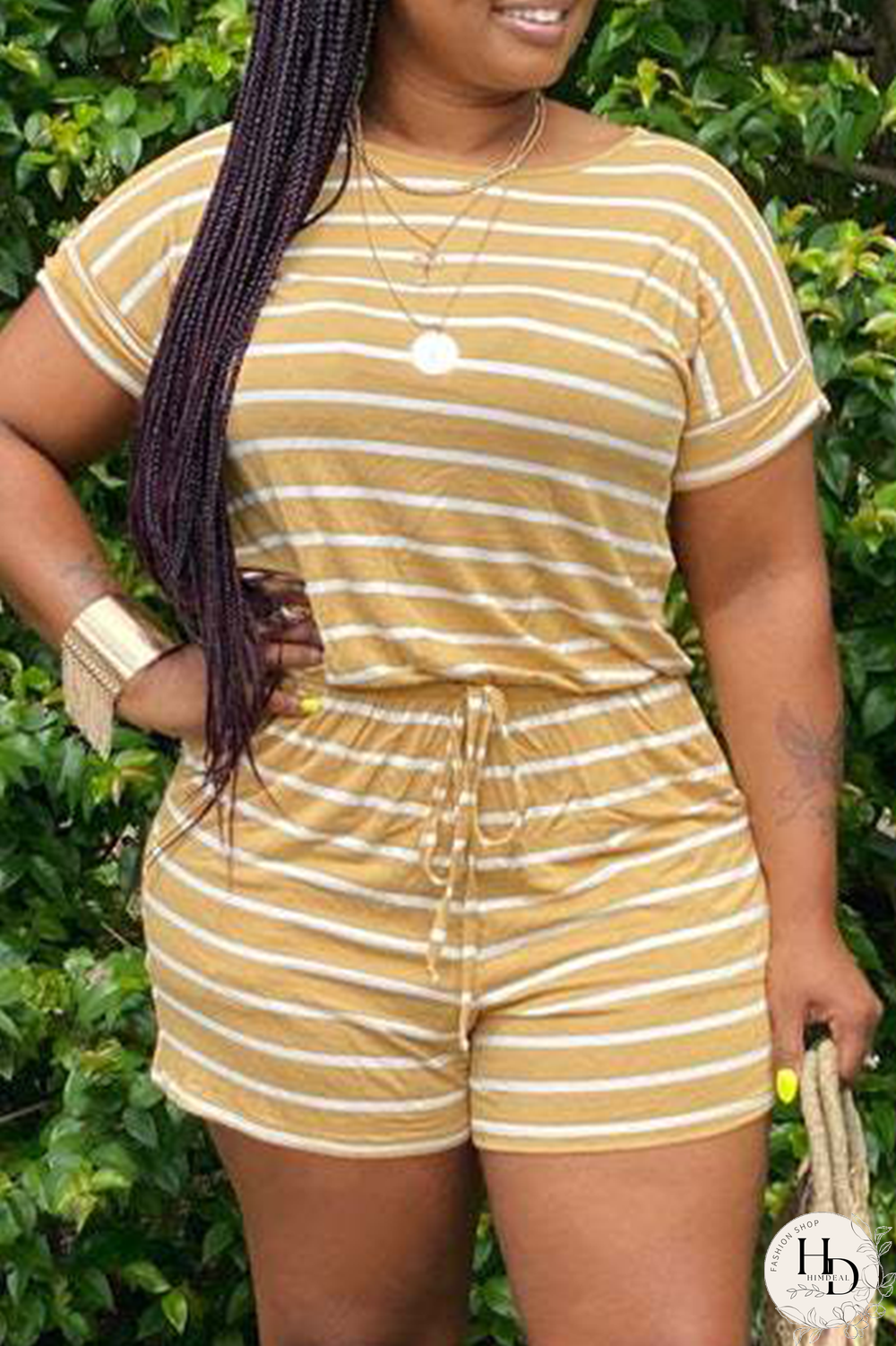 Yellow Casual Striped Split Joint O Neck Regular Jumpsuits