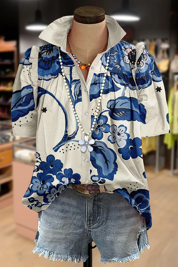 Retro Floral Print Short Sleeve Collared Short Sleeve Top