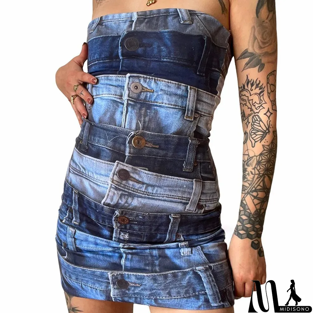 MidiSono - Women's Spring Fashion Print Style Slim Low Back Strapless Bodycon Dress