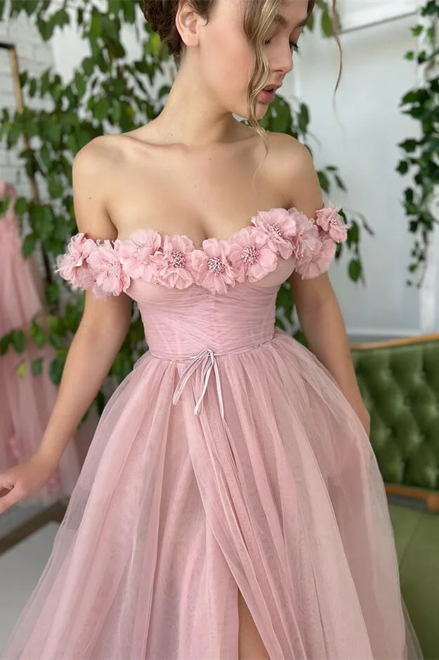 dusty pink off shoulder dress Dusty Pink Off-The-Shoulder Strapless A-Line Slit Evening Dress With Tulle  Appliques ED0470
