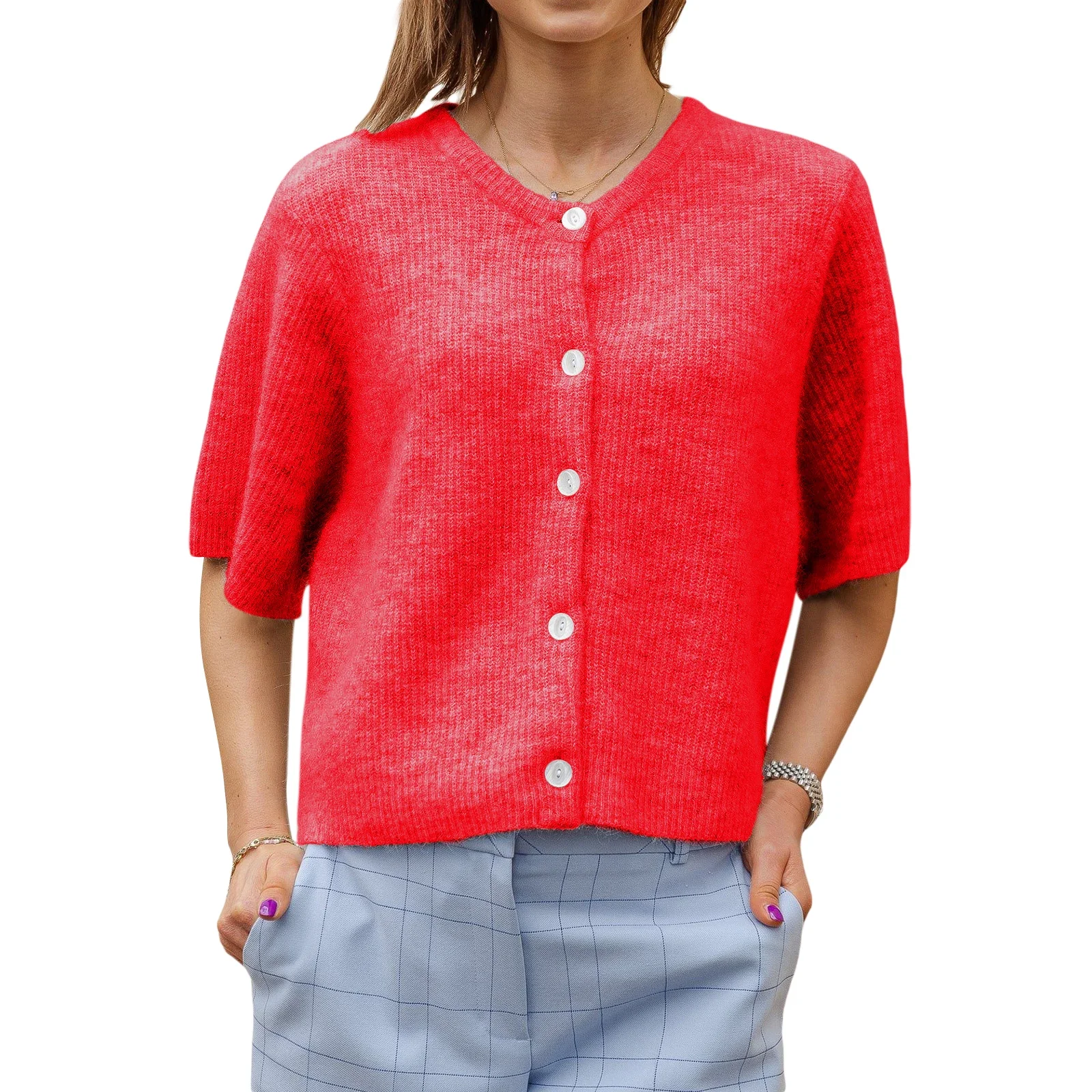 Karastik costumes for adult women Women's Solid Color Cardigan Short Sleeve Round Neck Button Down Sweater Knit Tops