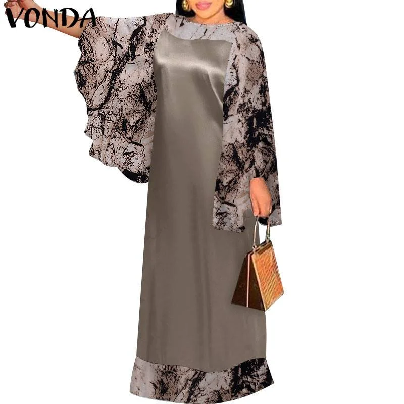 VONDA 2022 Summer Long Maxi Dress Women Baggy O Neck Flare Sleeve Printed Pleated Vestido Vintage Robe Oversize Beach Sundress