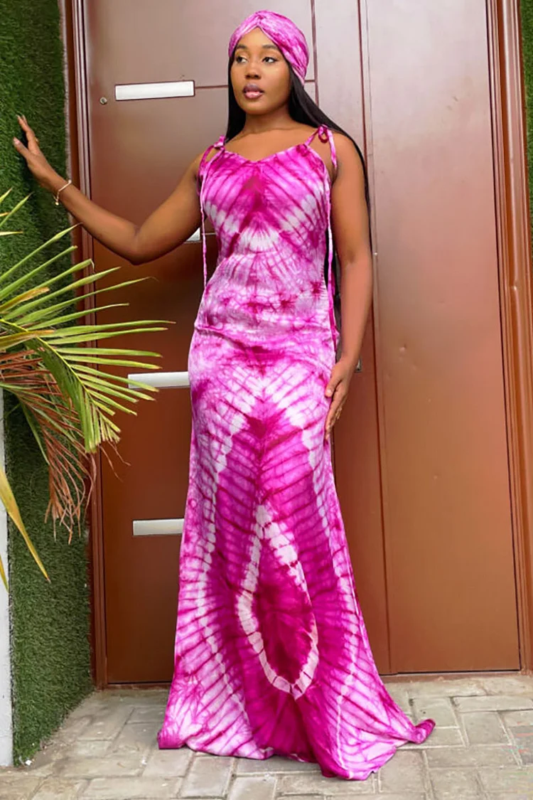 Pattern Print Tie Up Cami Fishtail Hem Vacation Maxi Dress