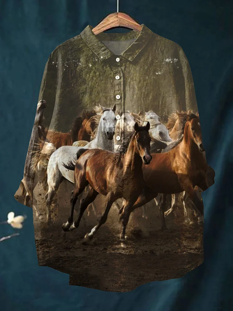 Women's Horse Art Print Casual Cotton and Linen Top