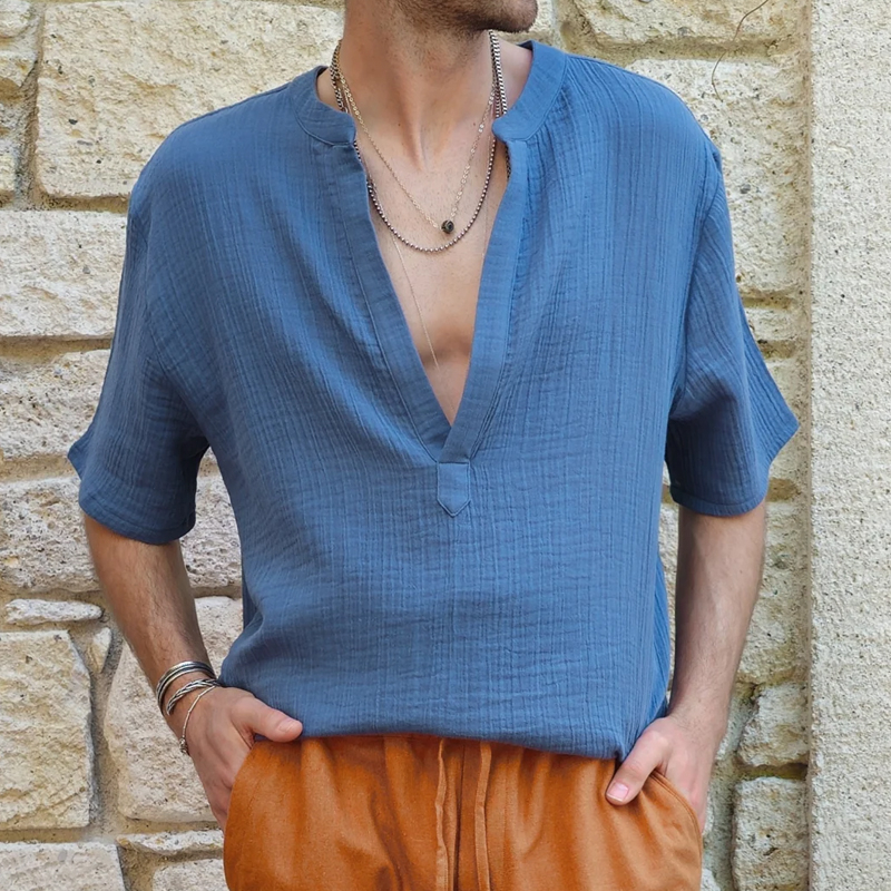 Men's Light Blue Gauze Organic Cotton Henley Collar Shirt