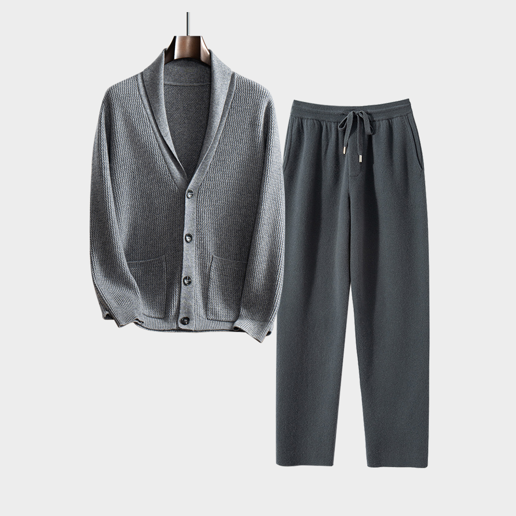 Men's Shawl Collar Cashmere Cardigan and Pants Set | Modern Minimalist REAL SILK LIFE