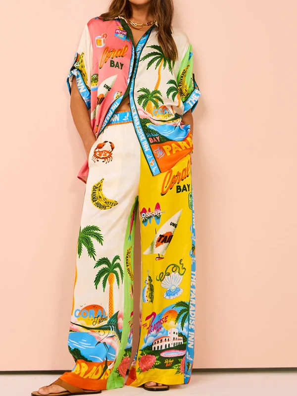 Casual Printed Elastic Waist Pocket Pants Set
