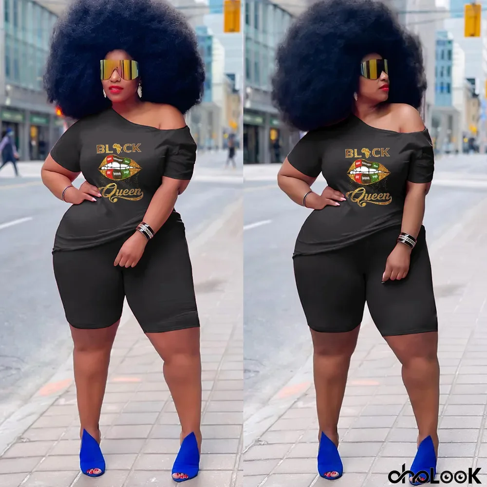 Sexy plus size print two piece nightclub Shorts set