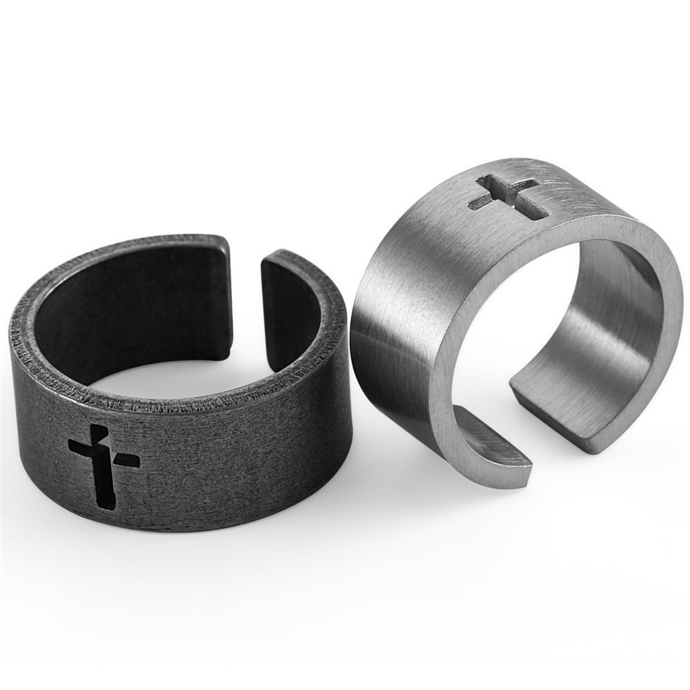 Vintage Titanium Steel Hollow Cross Men's Open Rings-VESSFUL