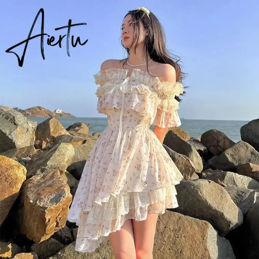 Aiertu Summer Lace Print Sweet Strap Dress Women Irregular Ruffle Flounce Cute Mini Dress Female Chiffon Slash Neck Elegant Dress Aiertu