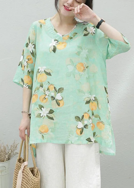 Women green print linen tunic top o neck half sleeve oversized summer shirt