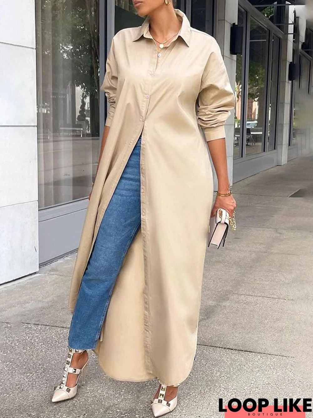 Simple Loosen Plain Long Sleeve Woven Maxi Dress