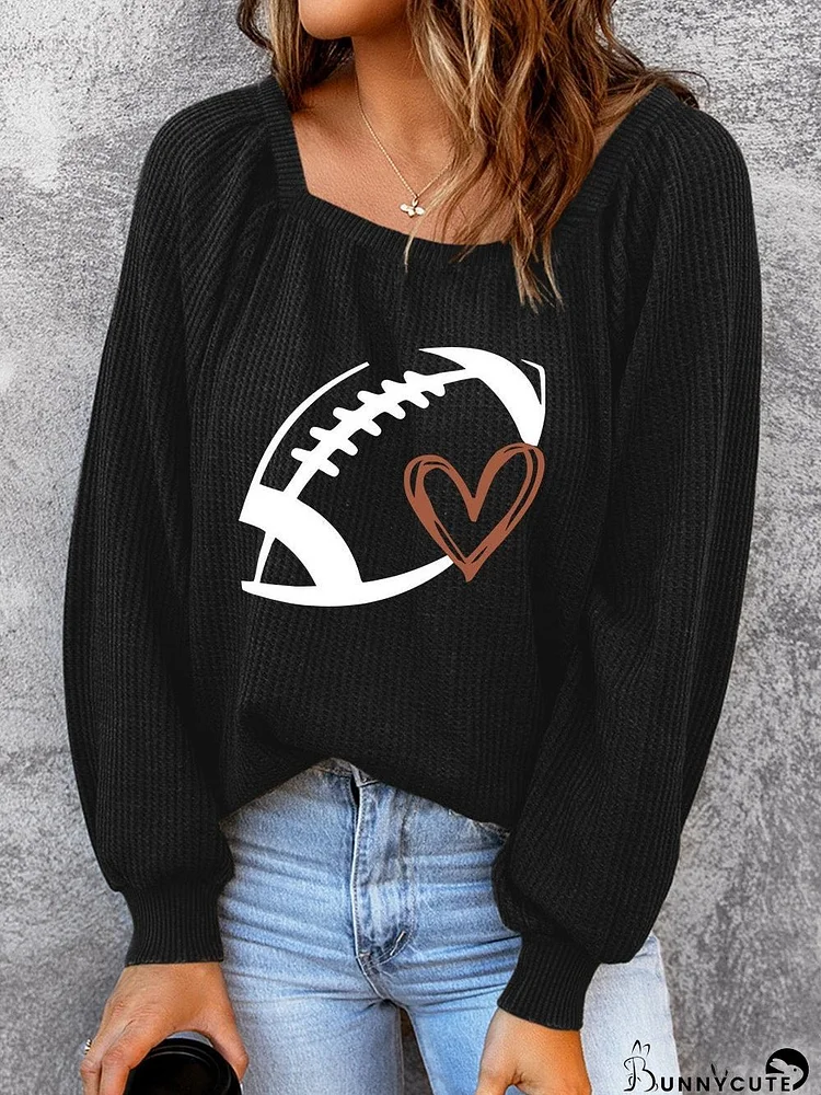 Relaxed Fit Black Waffle Knit Top with Football Design
