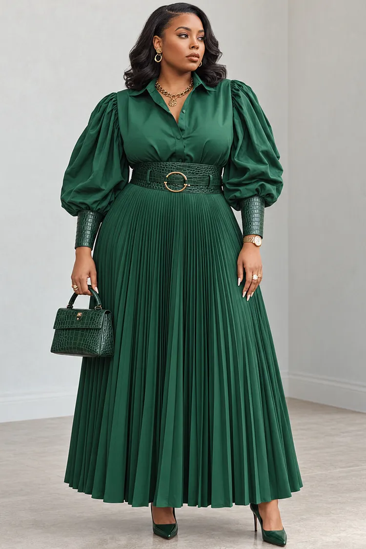Xpluswear Design Plus Size Christmas Emerald Green Shirt Collar Lantern Sleeve Long Sleeve Pleated Contrast Maxi Dresses(With Belt) [Pre-Order] 2024 - Xpluswear