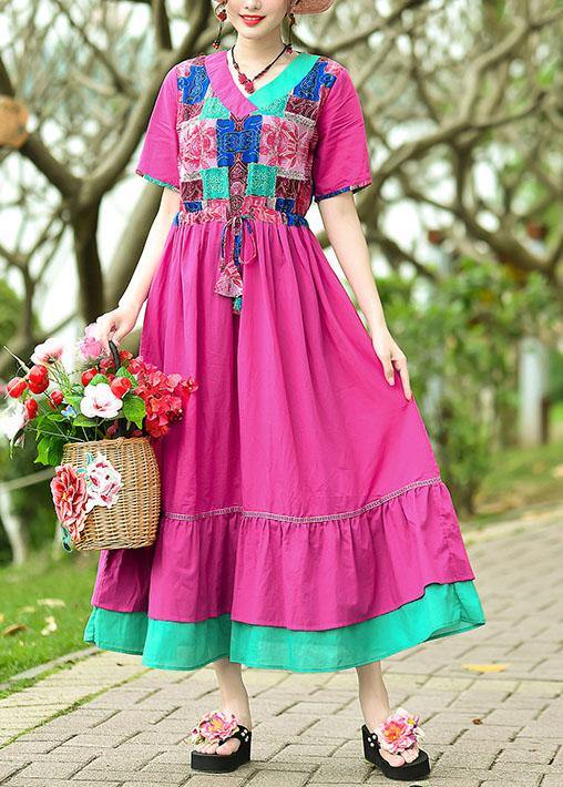 VCSHOES rose cotton clothes v neck patchwork Maxi summer Dresses