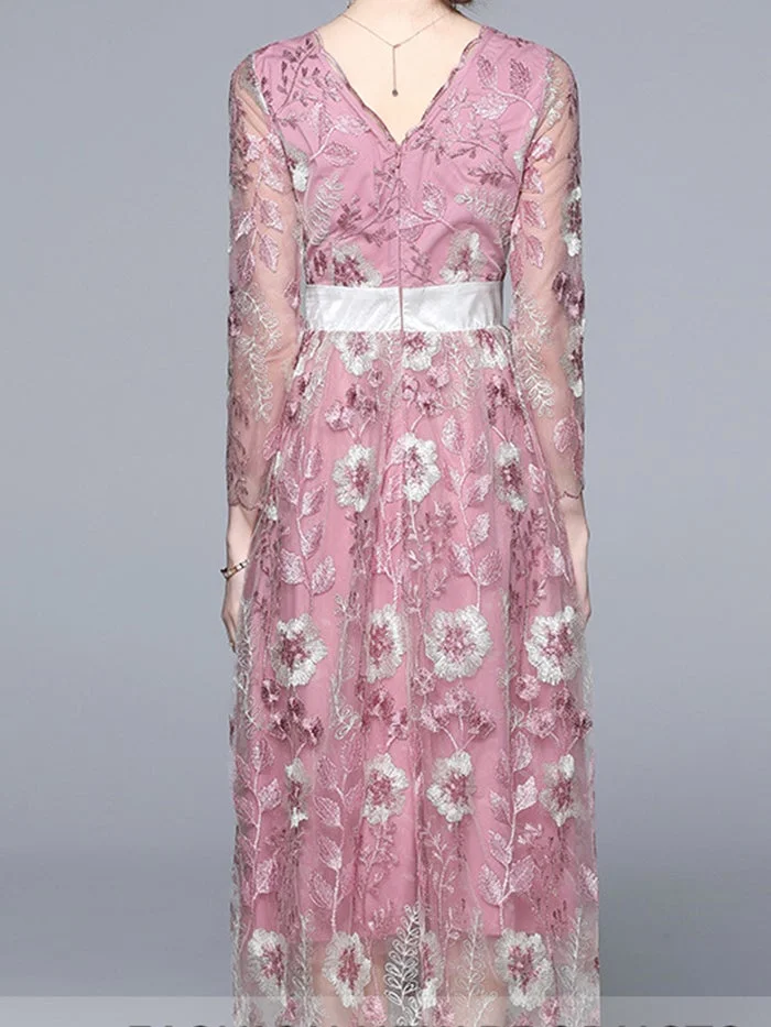 V-neck Mesh Embroidered Floral Dress