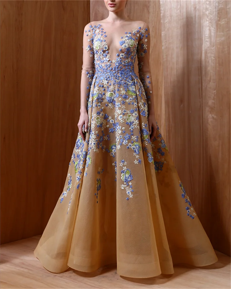 Fashion V-neck Flower Embroidery Dress