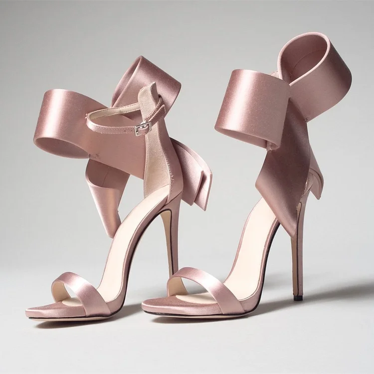Pink Satin Bridal Shoes Oversized Bow Ankle Strap Heeled Sandals |FSJ Shoes