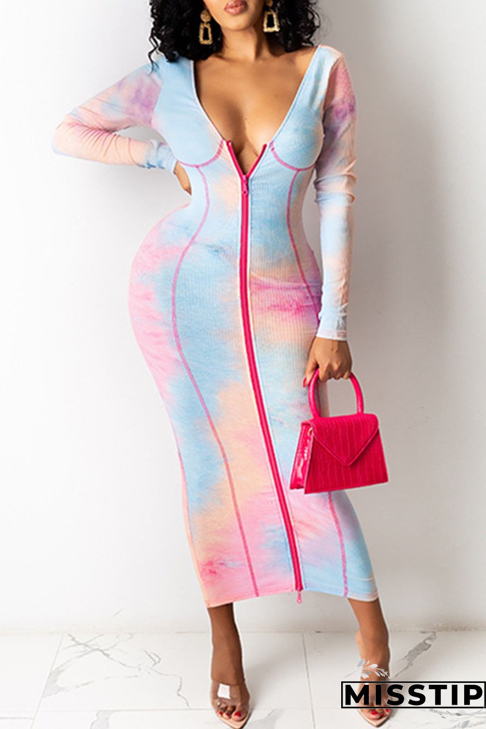 Pink Fashion Sexy Print Basic V Neck Long Sleeve Dress