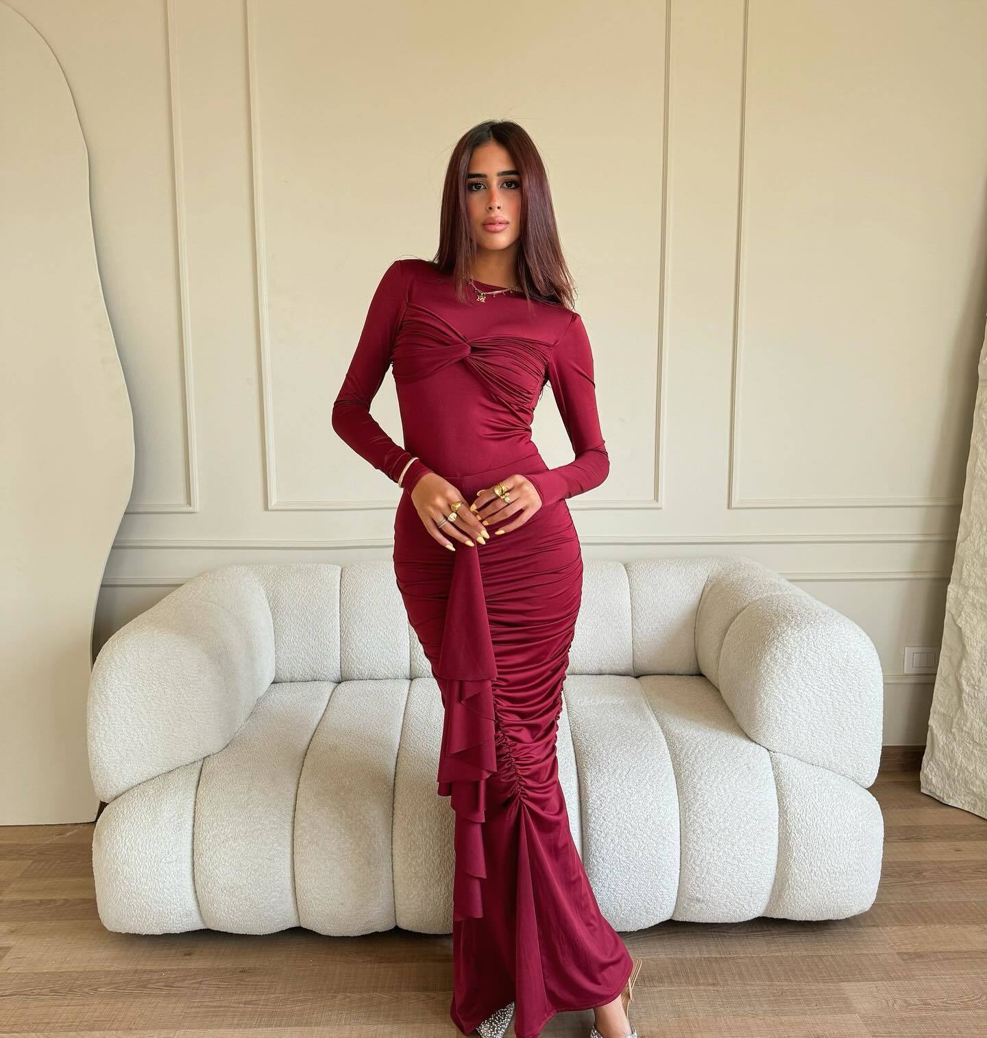Ootddress Elegant Long Sleeved Elastic Tight Pleated Party Club Evening Dress Women Fashion Maxi Vestido Autumn Winter New Female