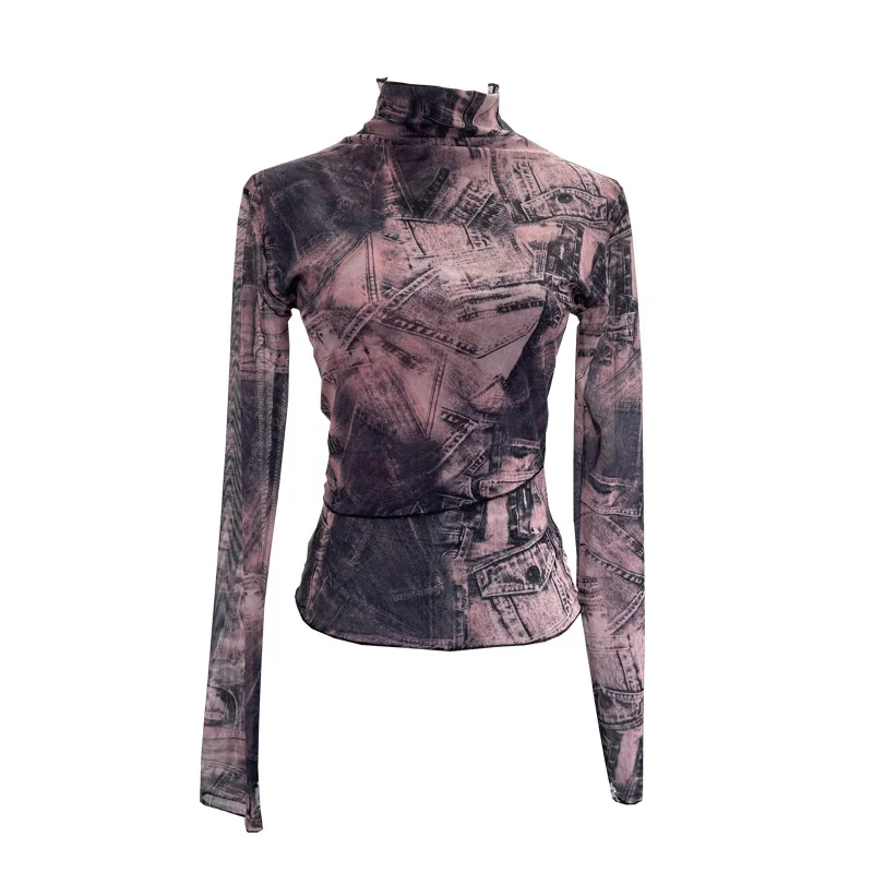 Nigikala Nigikala Shooting Denim Pattern Dye Printing Retro Babes Thin Mesh T-Shirt High-Necked Long Sleeve Bottom Shirt Top 9950
