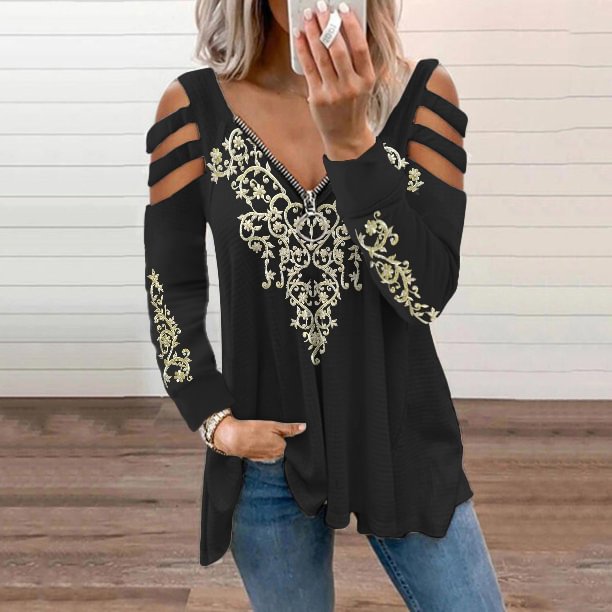 Western Retro Tribal Pattern Print Cutout Shoulder Zip T-Shirt