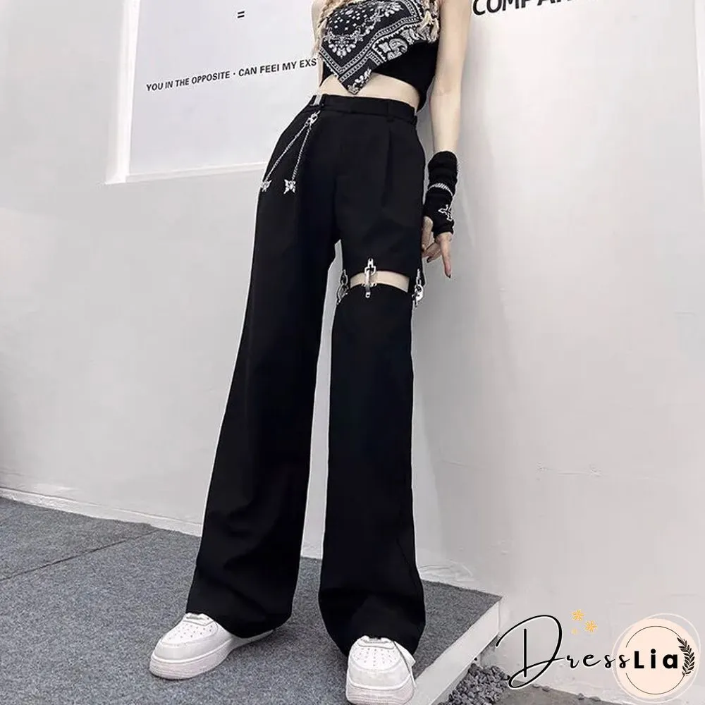 Vintage Harajuku Hollow Out Wide Leg Pants Women High Waist Casual Korean Streetwear Cargo