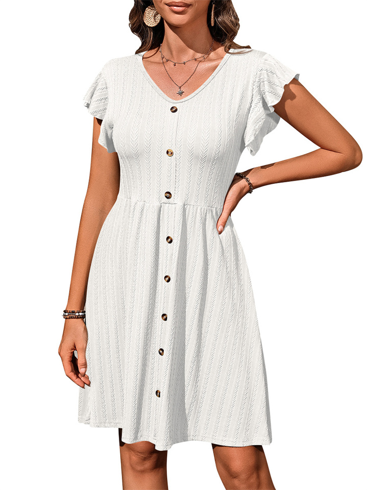Summer New Women's V-neck Button Waist Elastic Short-sleeved Dress Solid Colour Dresses