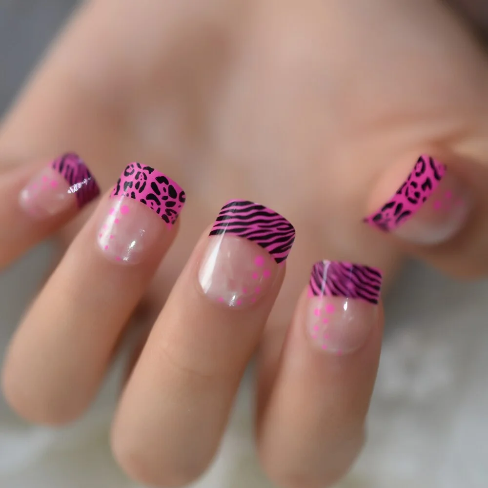 Kids Nail Art Tips Purple Pink Leopard Pattern Girl False Nails Small Size Student's Gift-Nail Inspo