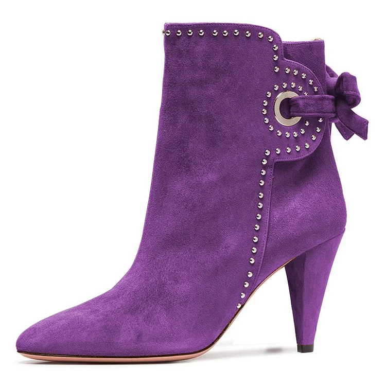 Purple Vegan Suede Back Laced Cone Heel Studded Ankle Boots for Women |FSJ Shoes