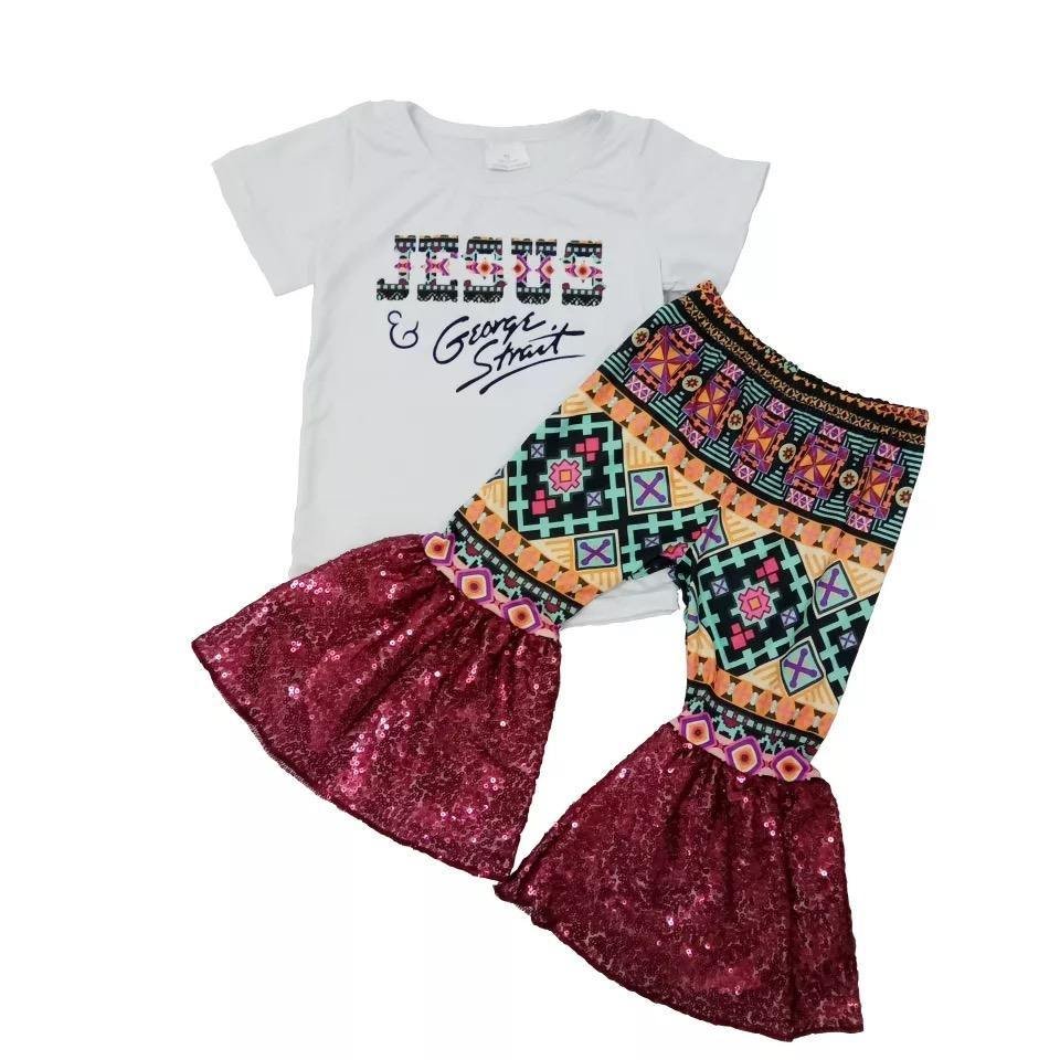 Toddler girls Easter Jesus Tops Sequins Bell Bottom Outfit