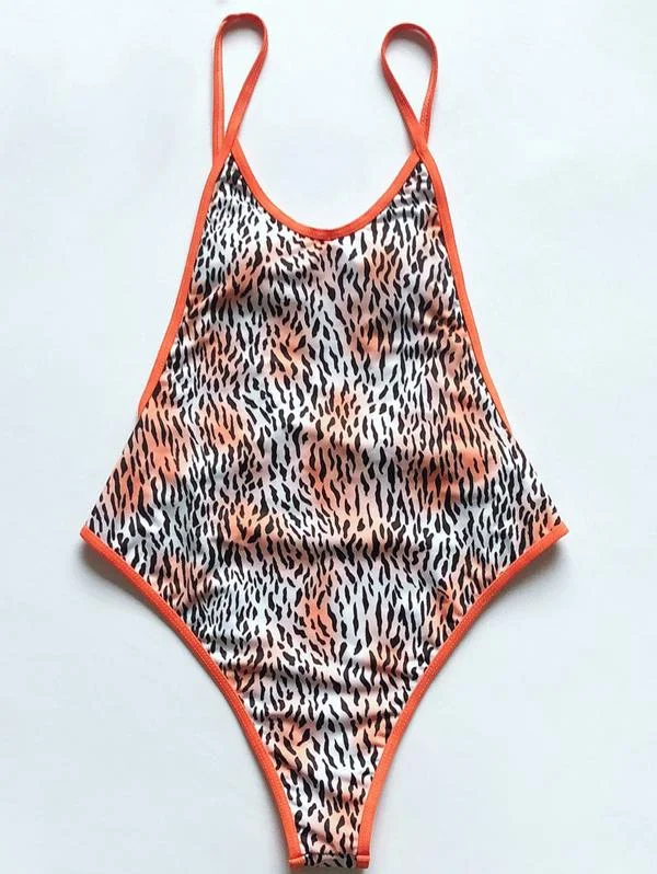 Leopard-Print Backless One-Piece Swimwear