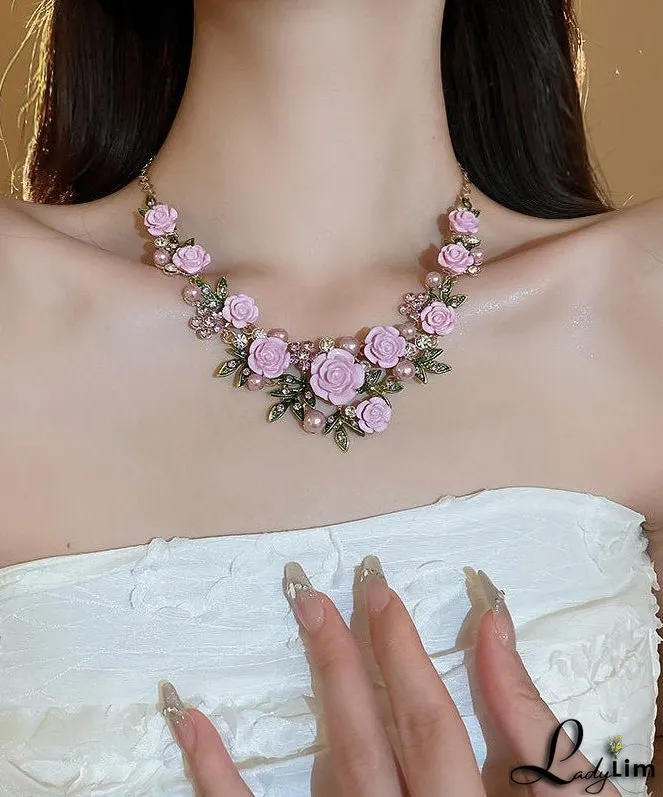 Cute Pink Sterling Silver Alloy Zircon Pearl Floral Pendant Necklace
