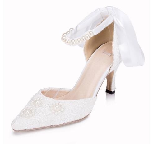 White Wedding Shoes Ankle Strap Lace Heels for Bride |FSJ Shoes