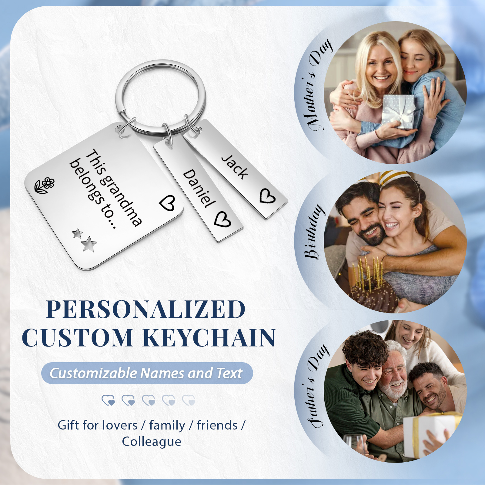 Personalised 2 Names & 1 Text Keychain Custom Family Keychain Gifts for Father/Mother/Grandma/Grandpa-Jessemade AU