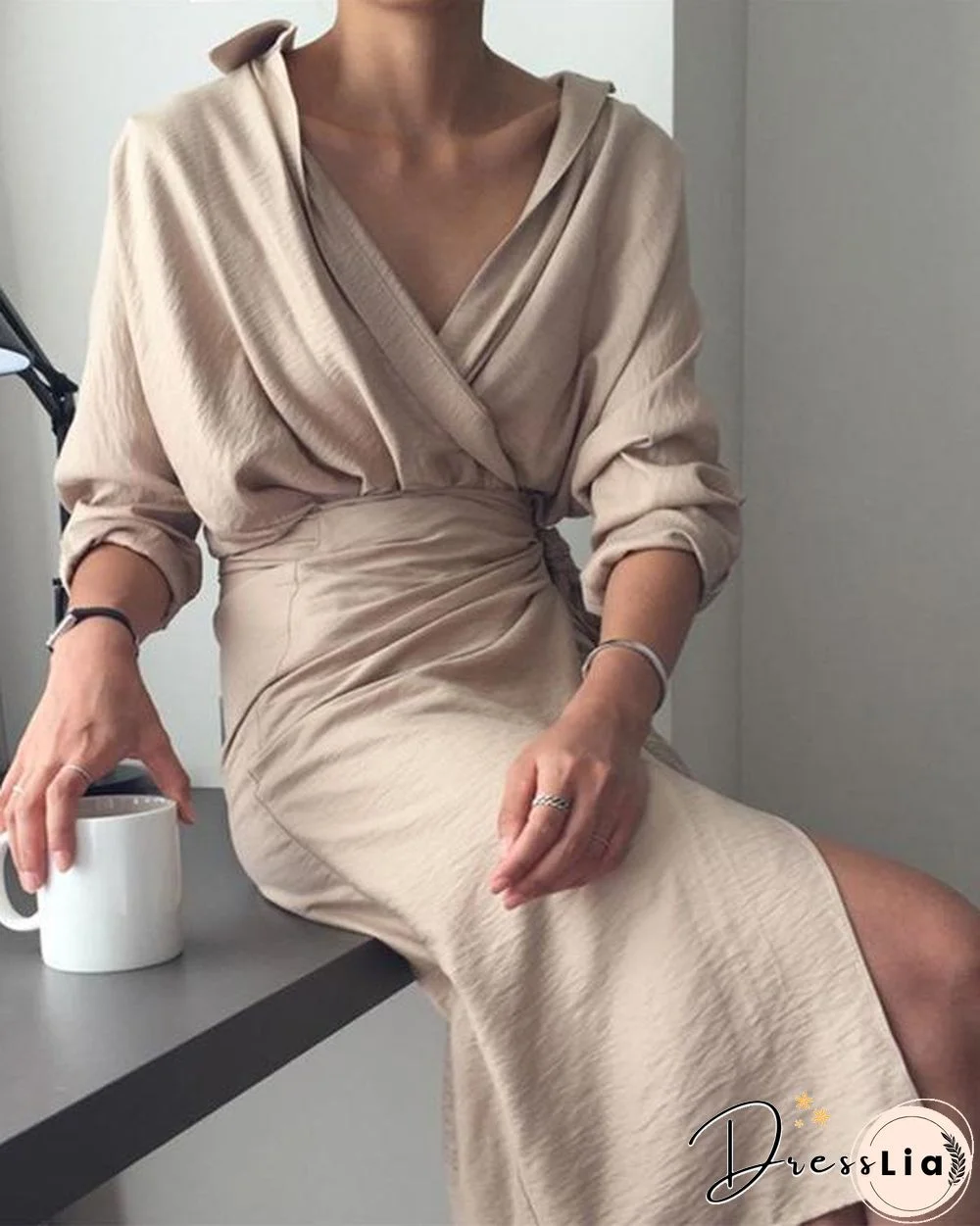 Sexy V Collar Pure Color Package Hip Bodycon Dress