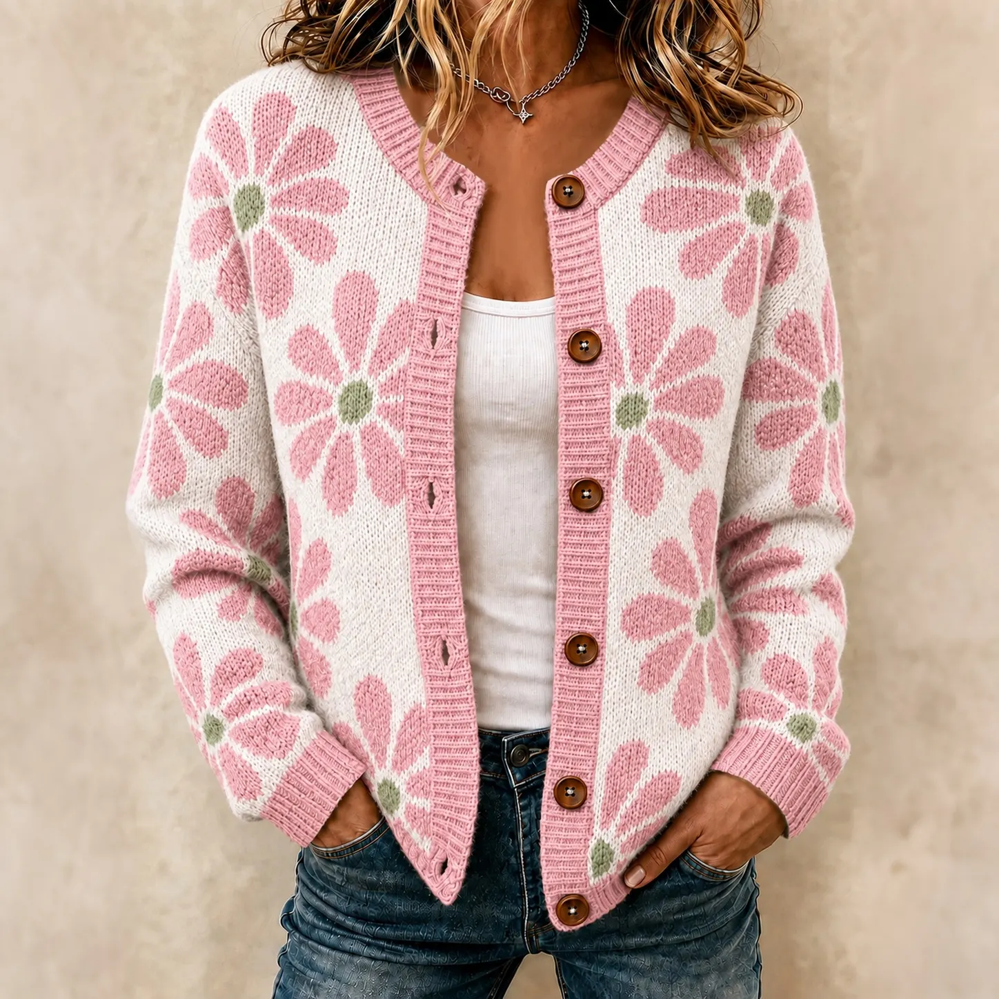 Comstylish Women's Pink Floral Print Cozy Knit Cardigan