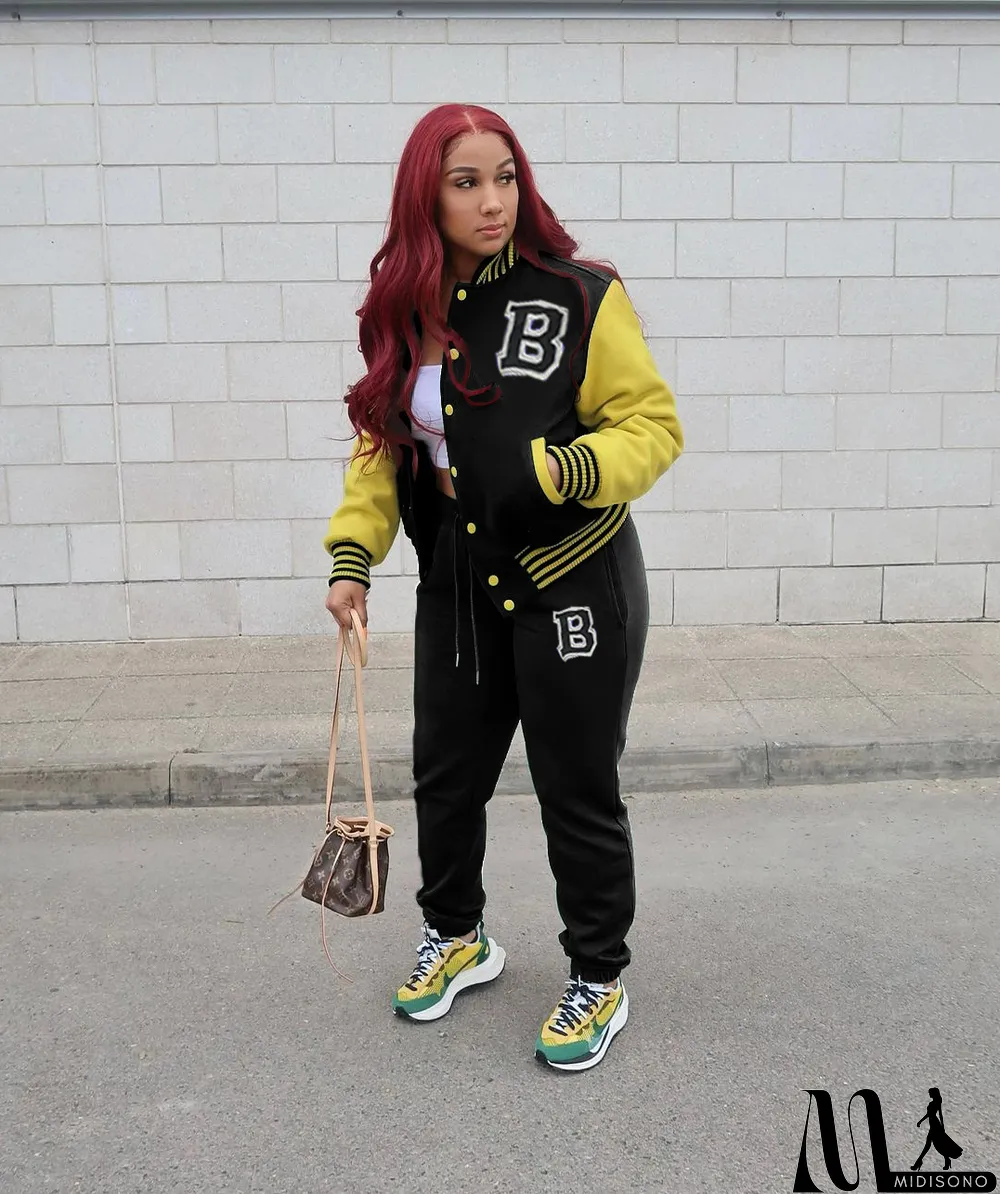 MidiSono - Women Letter Baseball Jacket and Pant Two-Piece Set