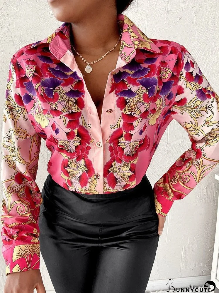 Blouses Printed Lapel Button Long Sleeve Blouse for Women
