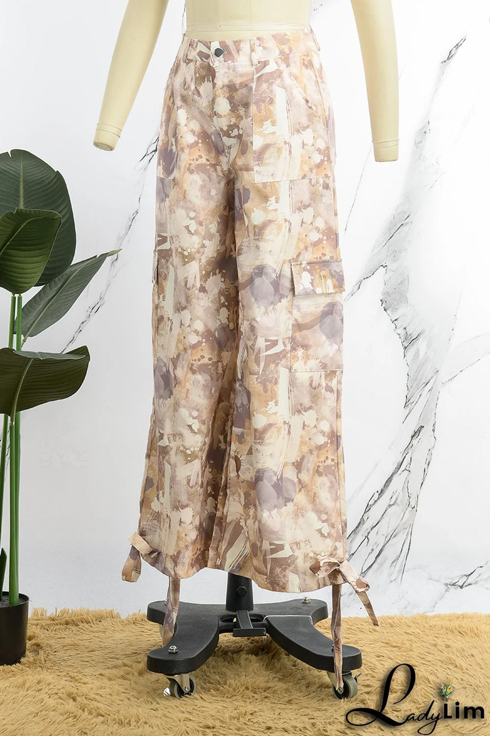 Army Green Street Print Bandage Patchwork Straight Straight Full Print Bottoms