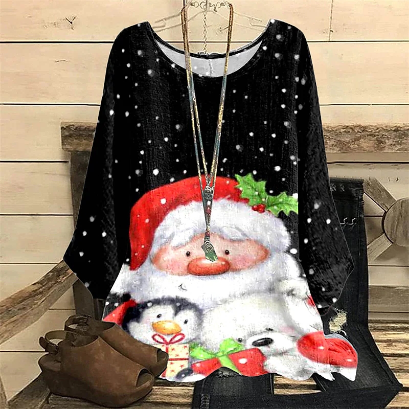 Snowman Printing Long Sleeve Round Neck Retro Christmas Pullover Casual Loose Tops