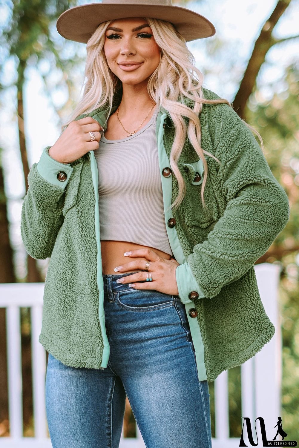 MidiSono - Flap Pocket Button Up Fleece Jacket