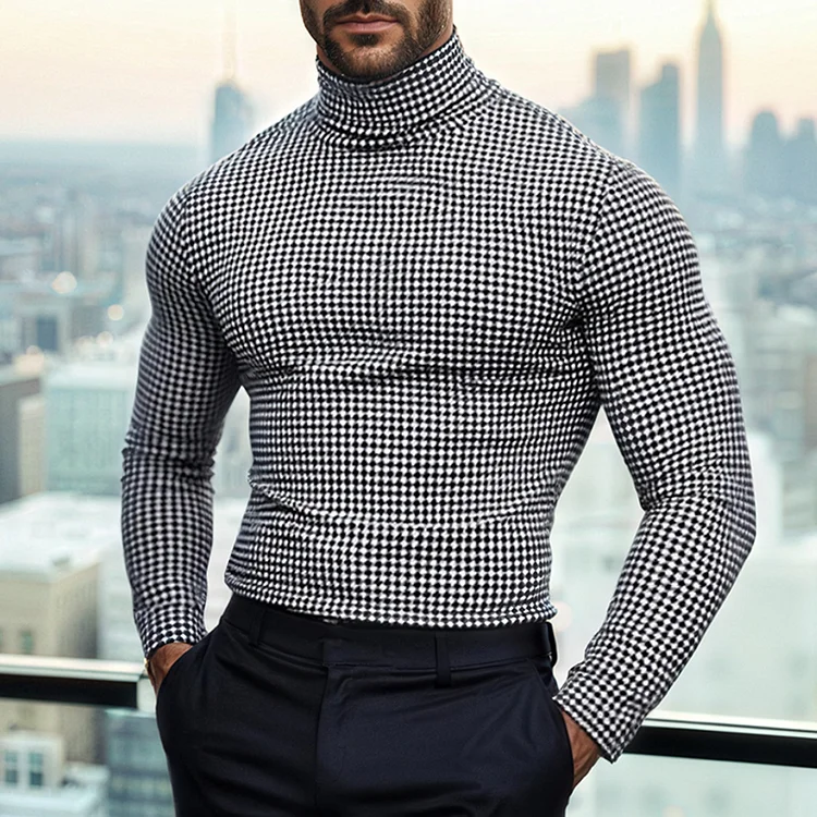 Okaywear Houndstooth Pattern Knitted Turtleneck Slim Fit Sweater 