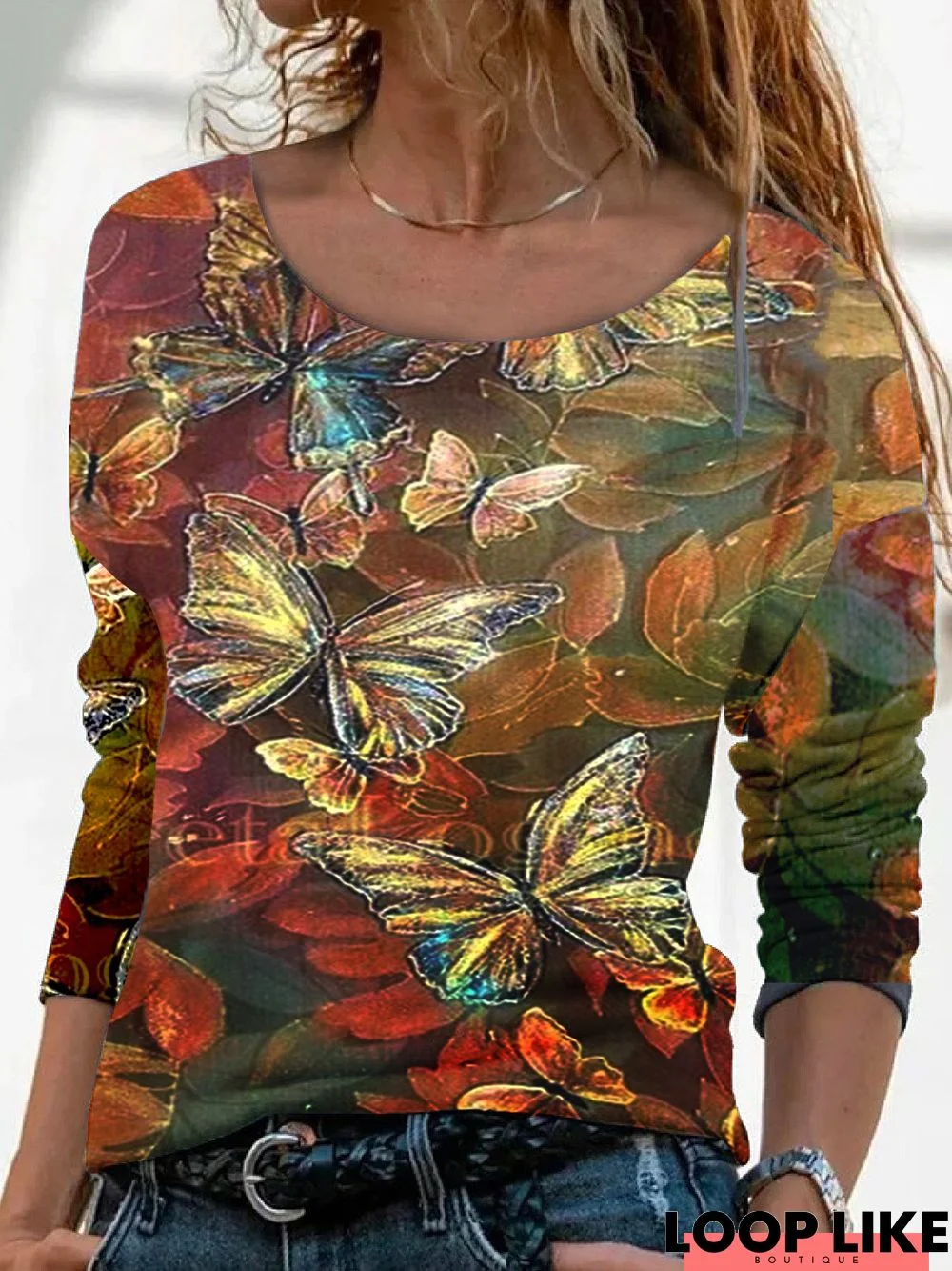 Long Sleeve Crew Neck Butterfly T-shirt