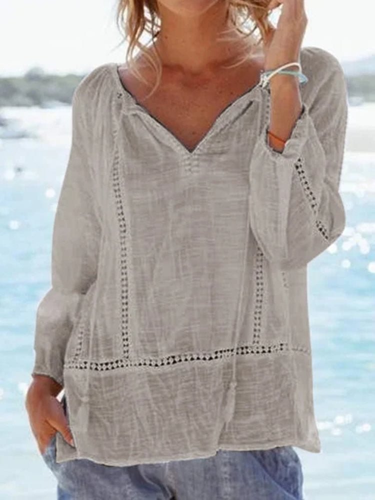 Women's Long Sleeve V-neck Hollow Tops