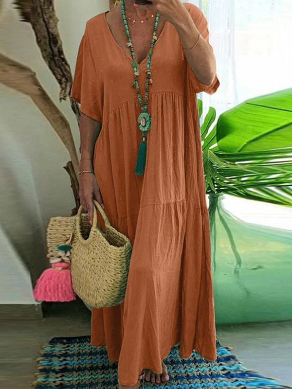 Loose V-Neck Short Sleeve Solid Color Linen Dress
